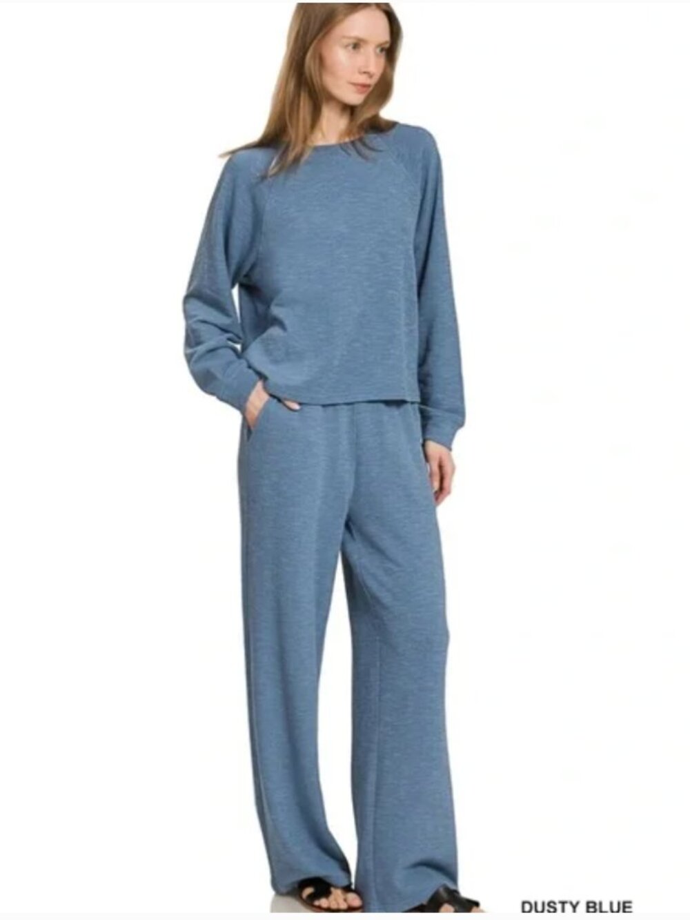 Zenana Slub Long Sleeve Top & Wide Leg Pants Lounge Set – Dusty Blue size Medium